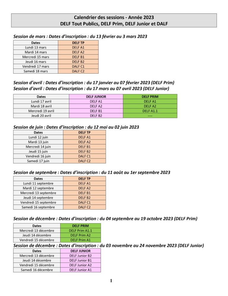 DELFDALF CALENDAR 2023 Alliance française de Pondichéry